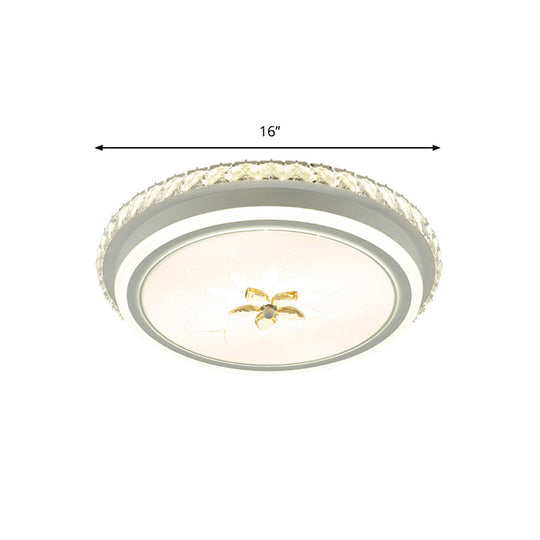 Simplicity Led Metal Flush Lighting With Flower Crystal Decor – White Finish Round Ceiling