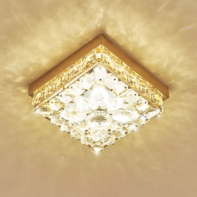 Faceted Crystal Led Cube Ceiling Light In Gold - Perfect For Modern Corridors
