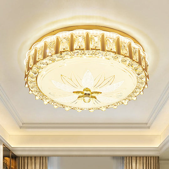 Modernist Gold Led Flush Mount Ceiling Light With Faceted Crystal Drum Shade - Bedroom Lighting