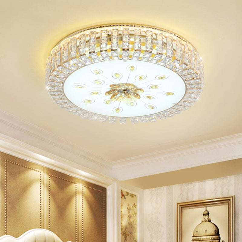 Modern Led Crystal Drum Ceiling Lamp With Flush Mount In Gold Finish For Bedrooms