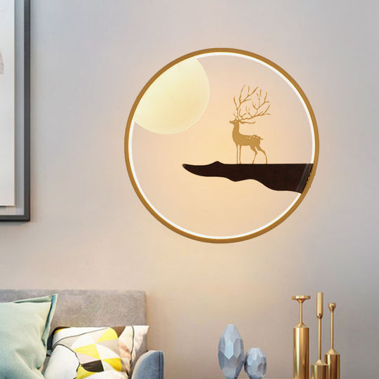 Deer And Moon Asian Led Wall Light With Wood Frame - Black/Beige Black