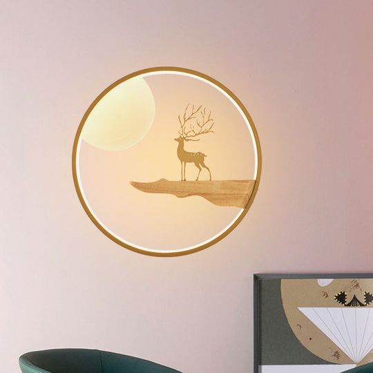Deer And Moon Asian Led Wall Light With Wood Frame - Black/Beige