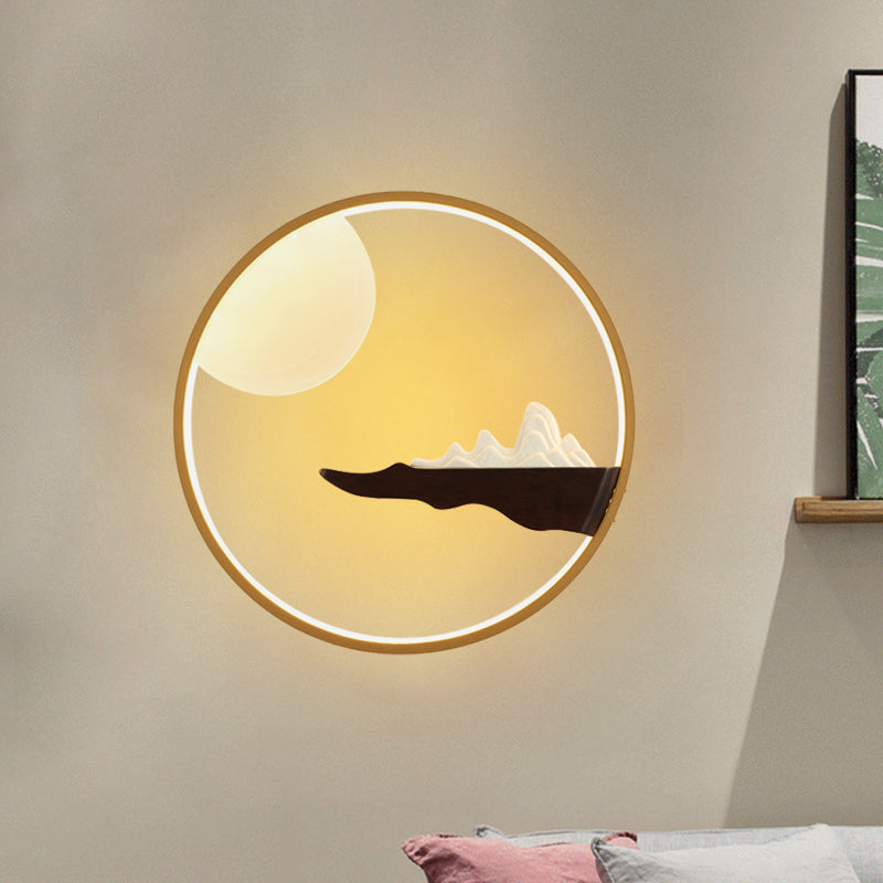 Mountain & Full Moon Wood-Black/Beige Led Sconce Light: Asian Wall Mural For Hotels Black