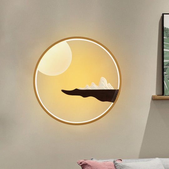 Mountain & Full Moon Wood-Black/Beige Led Sconce Light: Asian Wall Mural For Hotels Black