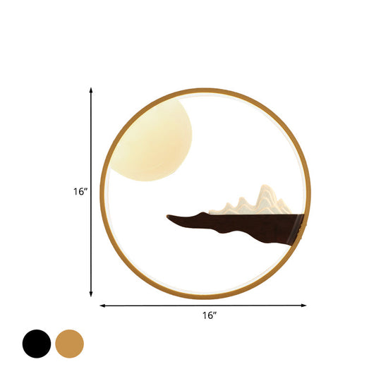 Mountain & Full Moon Wood-Black/Beige Led Sconce Light: Asian Wall Mural For Hotels