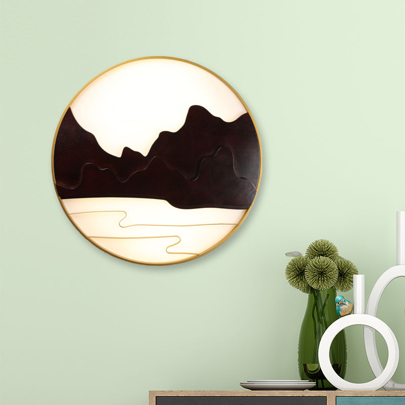 Mountain Silhouette Led Wall Mural Light: Asian-Inspired Wooden Black Sconce For Tearoom