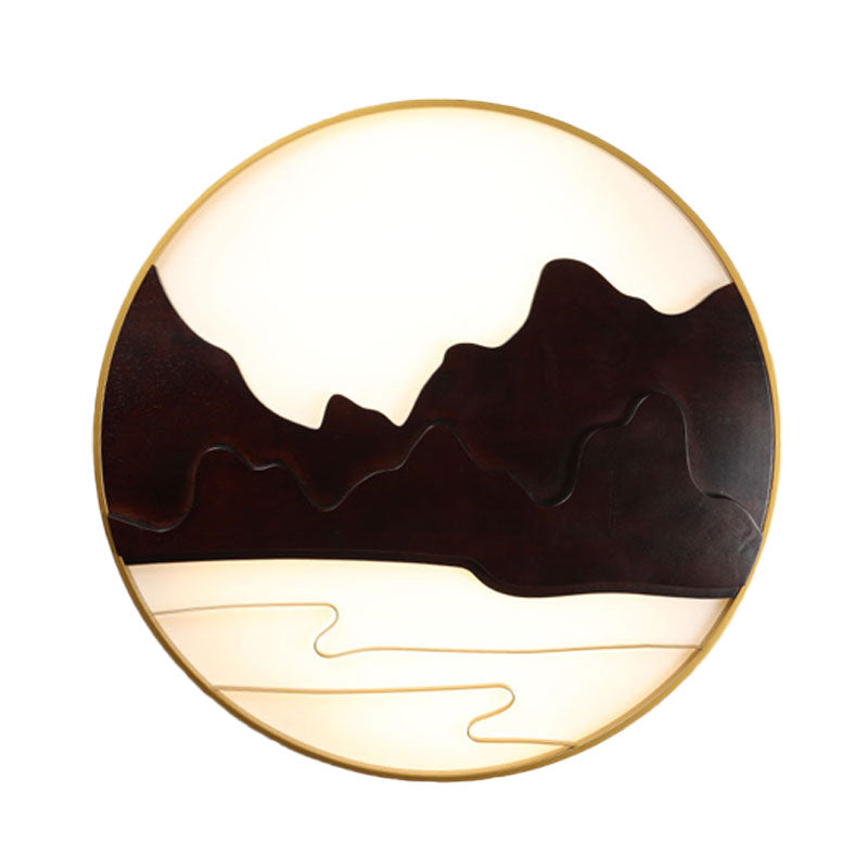 Mountain Silhouette Led Wall Mural Light: Asian-Inspired Wooden Black Sconce For Tearoom