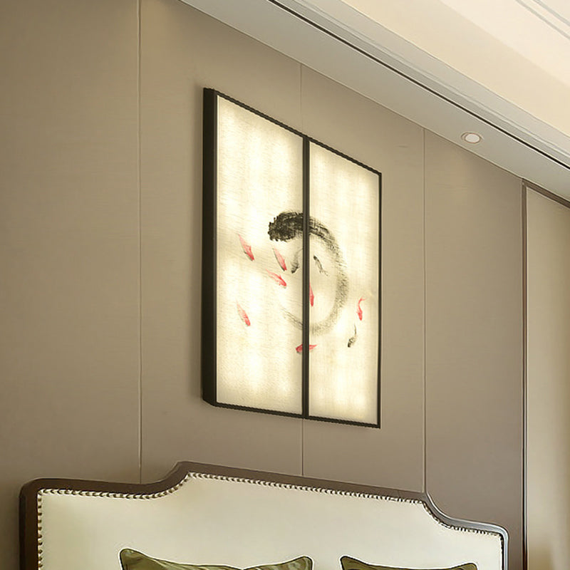 Chinese Style Led Sconce Light Fixture: Carp Artwork Bedside Mural Lighting In Black