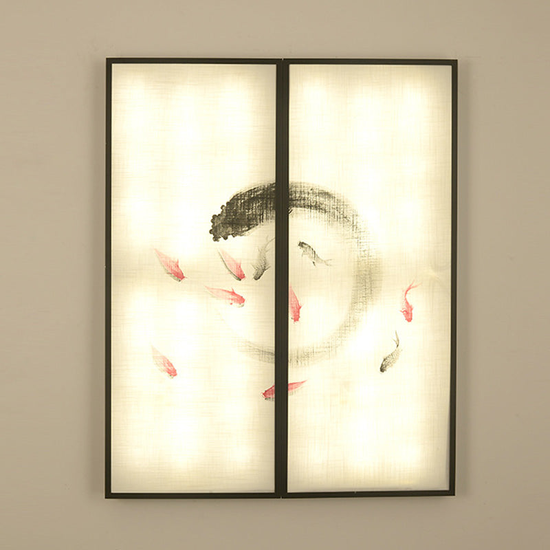 Chinese Style Led Sconce Light Fixture: Carp Artwork Bedside Mural Lighting In Black