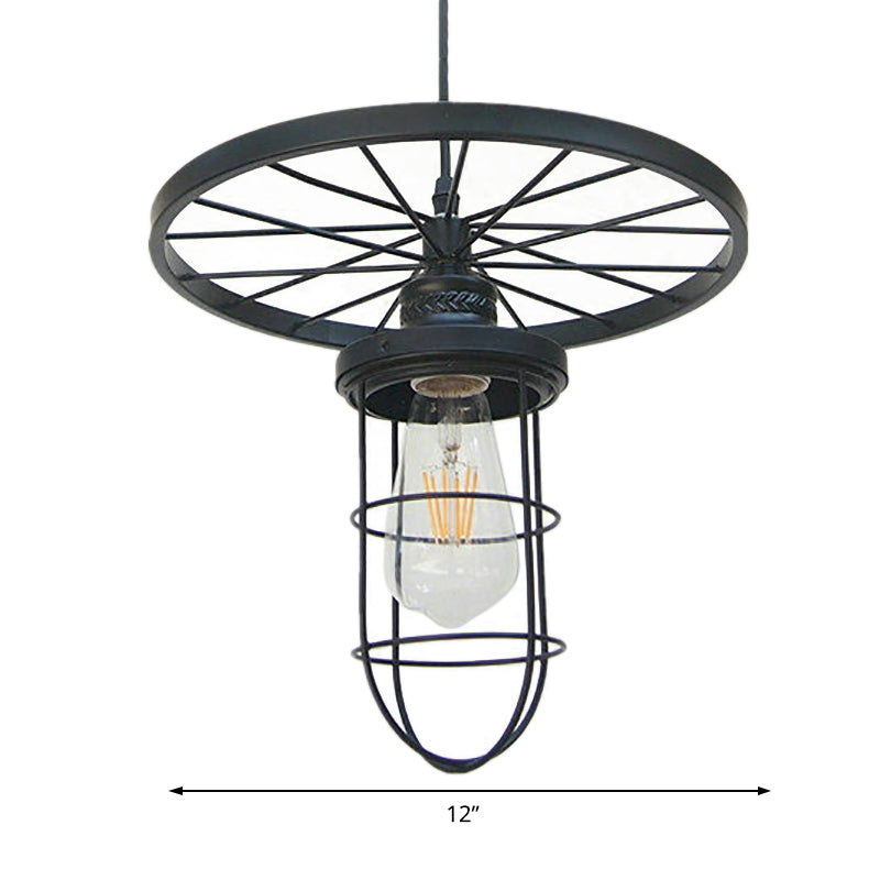 Industrial-Style Black Metal Wire Cage Ceiling Fixture Pendant Light With Wheel Deco - Dining Room