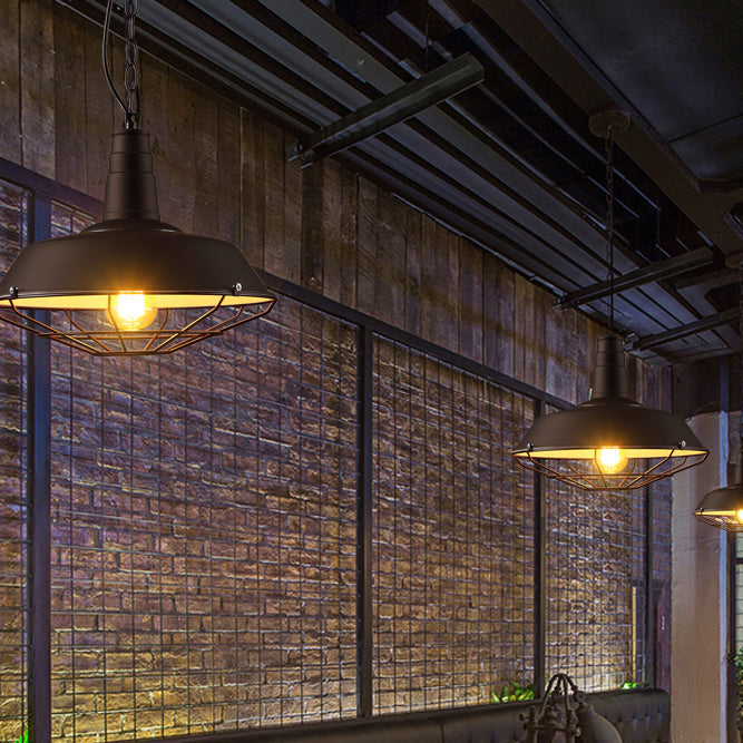 Industrial Wire Cage Pendant Light With Metal Shade Black Suspended Lamp For Warehouse