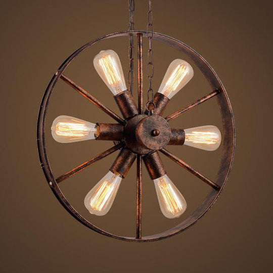 Antique Style Wrought Iron Kitchen Chandelier - 6-Light Wheel Pendant Lamp In Rust Finish