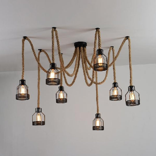 Antique Iron & Hemp Rope Swag Ceiling Fixture: Black Wire Cage Shade 8 Bulbs - Restaurant Hanging