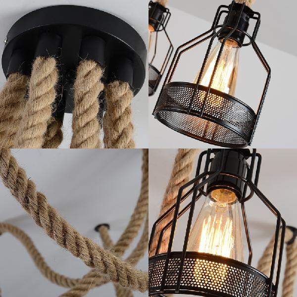 Antique Iron & Hemp Rope Swag Ceiling Fixture: Black Wire Cage Shade 8 Bulbs - Restaurant Hanging