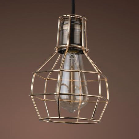Industrial Pendant Light Fixture: Brass Finish Globe On Wire Frame - 1 Bulb Kitchen Hanging Lamp