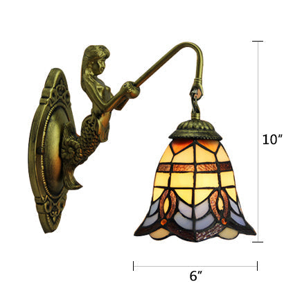 Bronze Wall Mounted Bell Stained Glass Sconce - Baroque Design With Mermaid Backplate 1 Head And 6/8