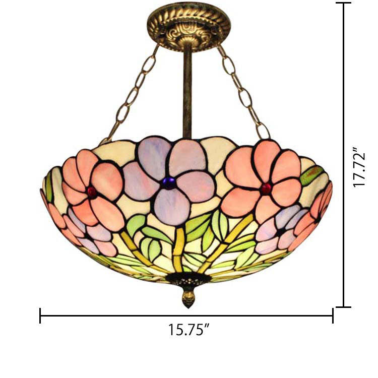 Stained Glass Tiffany Led Ceiling Light With 3-Lights Aged Brass Chain And Rose Pattern