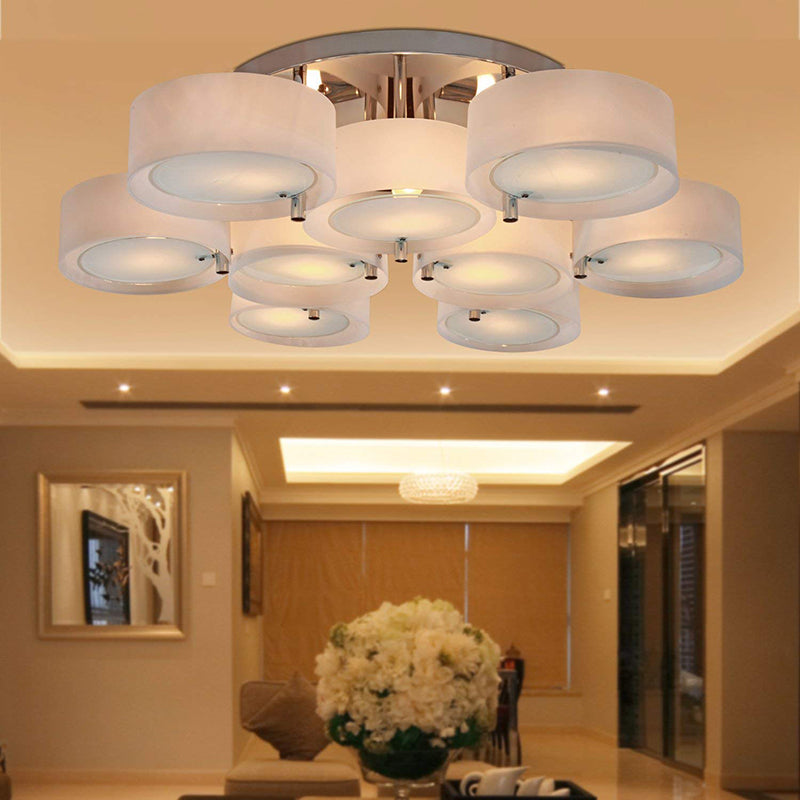 Semi Flush Ceiling Light Fixture - Stunning Drum Acrylic Shade 1/2/3 Lights Modern Silver Design