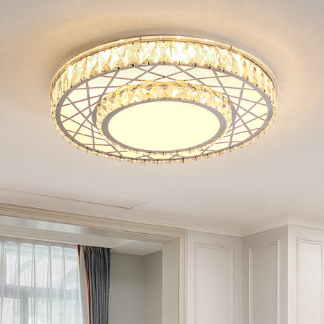 Modern Stainless-Steel Led Crystal Flush Ceiling Mount Light Fixture For Bedroom