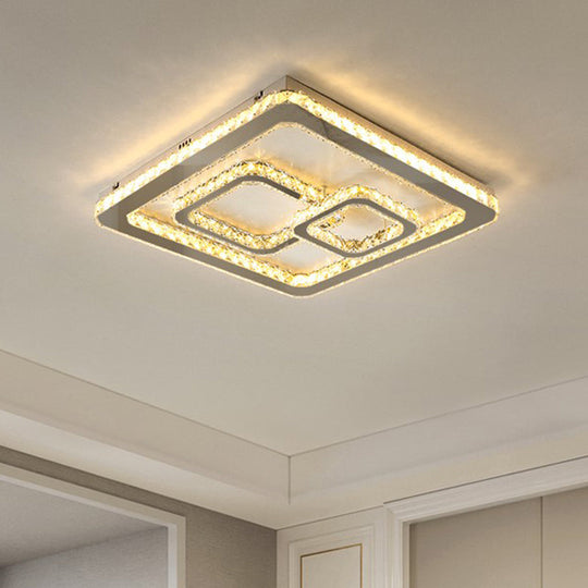 Minimal Squared Crystal Block Led Ceiling Lamp For Bedroom - Nickel Flushmount Light