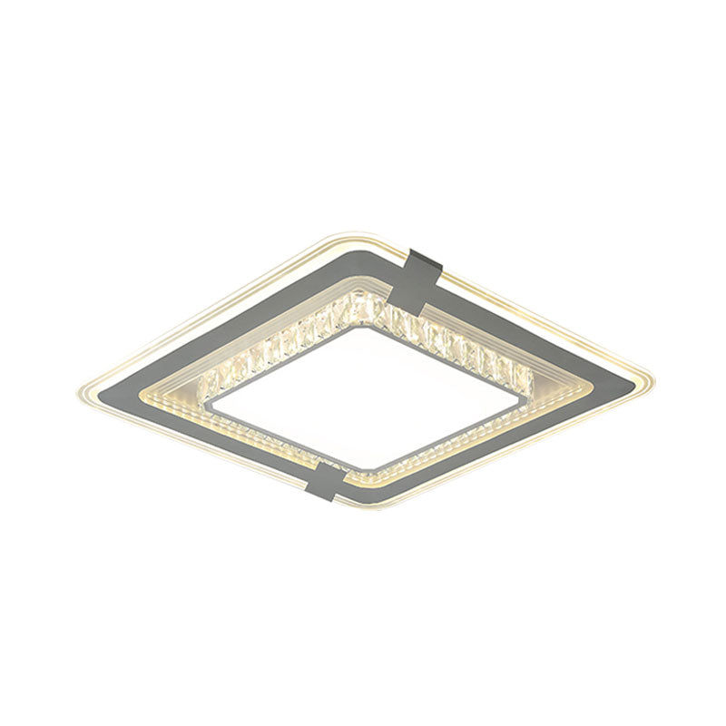 Minimalist Led Grey Flush Mount Fixture With Crystal Block Detail - Metal Square Flushmount Lighting
