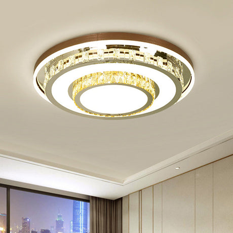 Modern Led Crystal Flush Mount Light Fixture - Stainless Steel Layered Round Design