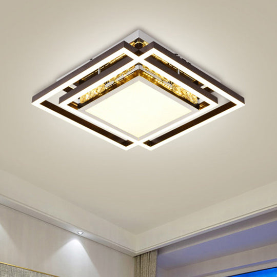 Flush Mounted Crystal Led Bedroom Ceiling Light In Nickel With Square Beveled Design