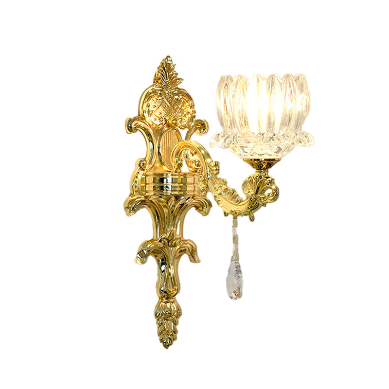 Gold Lotus Wall Mount Sconce With Clear Crystal Shade - Mid Century Light Fixture