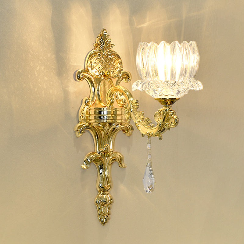Gold Lotus Wall Mount Sconce With Clear Crystal Shade - Mid Century Light Fixture