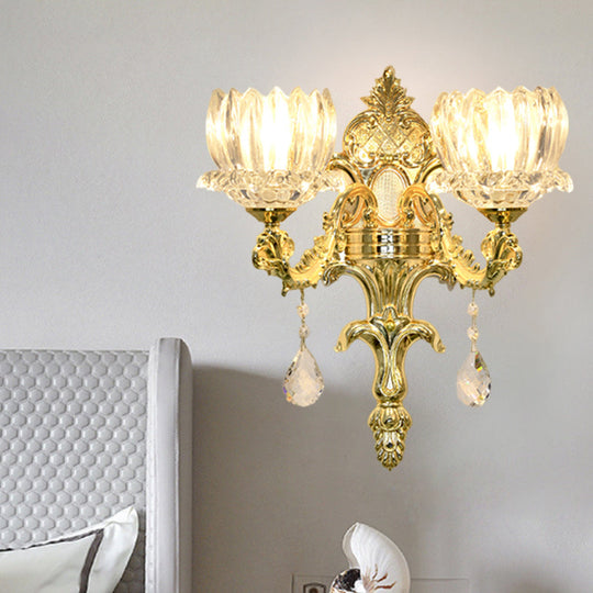 Gold Lotus Wall Mount Sconce With Clear Crystal Shade - Mid Century Light Fixture