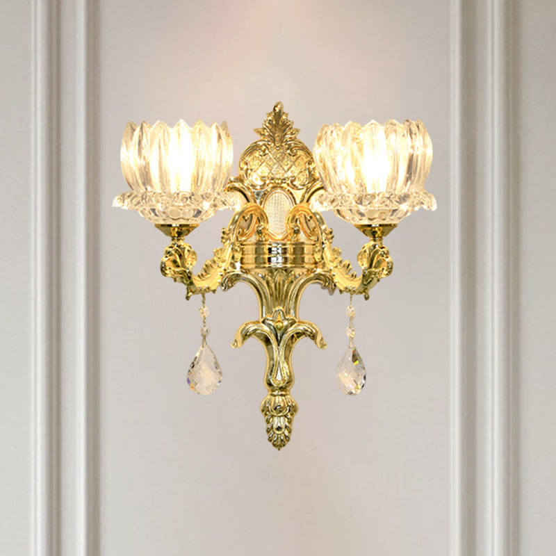 Gold Lotus Wall Mount Sconce With Clear Crystal Shade - Mid Century Light Fixture