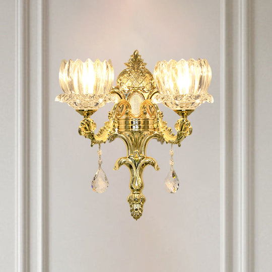 Gold Lotus Wall Mount Sconce With Clear Crystal Shade - Mid Century Light Fixture