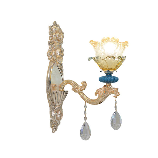 Traditional Gold Finish Crystal Floral Wall Lamp Fixture - Half-Bulb Mounted Lighting