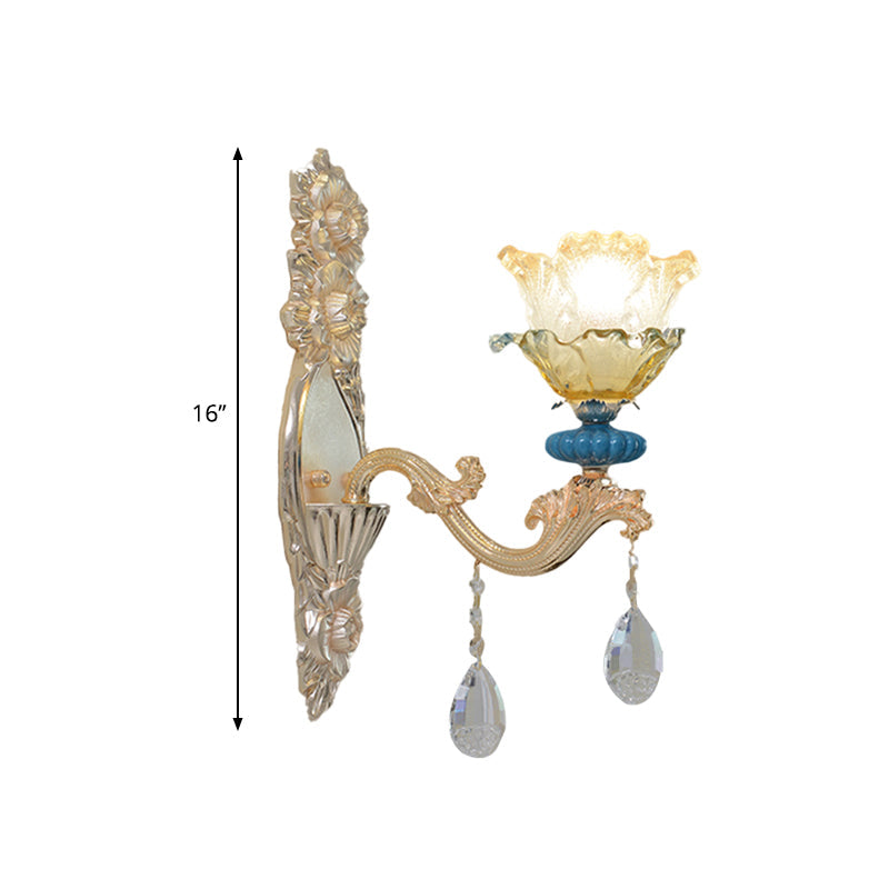 Traditional Gold Finish Crystal Floral Wall Lamp Fixture - Half-Bulb Mounted Lighting