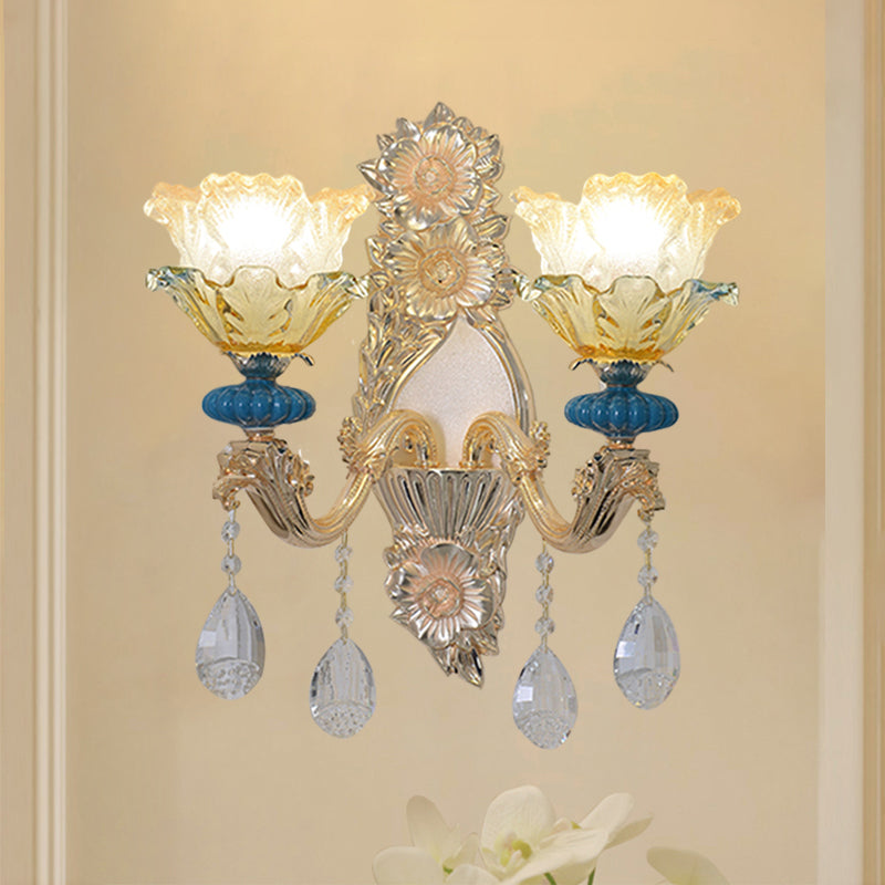 Traditional Gold Finish Crystal Floral Wall Lamp Fixture - Half-Bulb Mounted Lighting