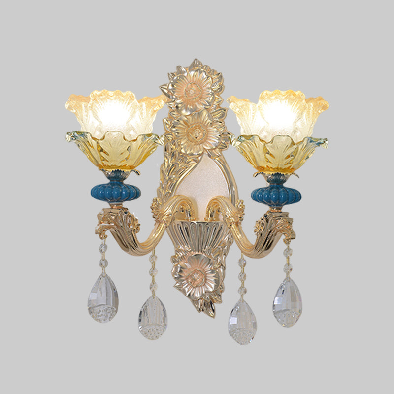 Traditional Gold Finish Crystal Floral Wall Lamp Fixture - Half-Bulb Mounted Lighting