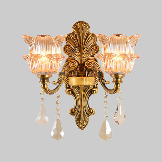 Mid Century Brass Wall Lamp With Clear Crystal Glass Flower Shade