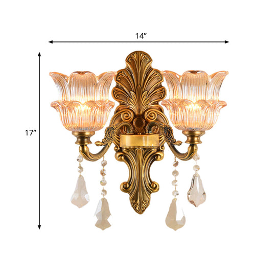 Mid Century Brass Wall Lamp With Clear Crystal Glass Flower Shade