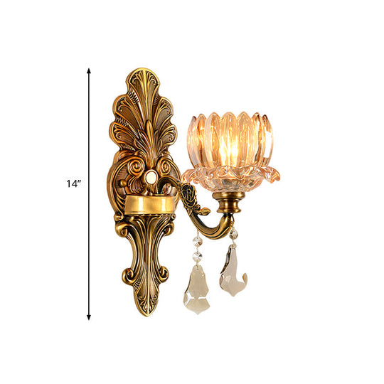 Vintage Brass Wall Sconce With Clear Glass Shade - Mid Century Flower Design 1/2-Light Mount Lamp