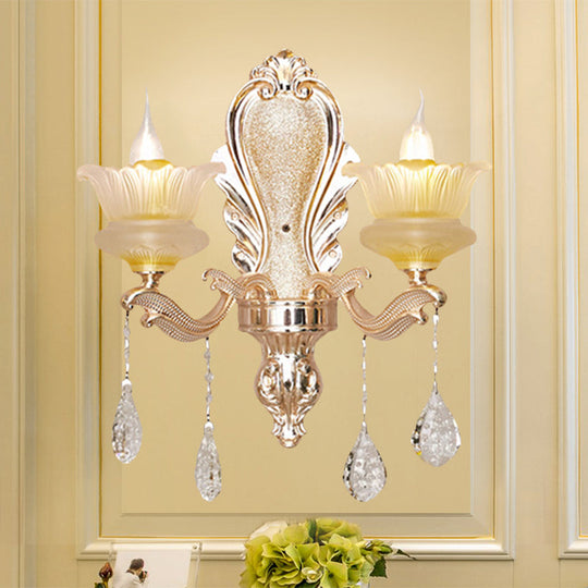 Gold Ribbed Glass Flower Sconce Lamp With 2 Lights For Mid-Century Indoor Wall Lighting