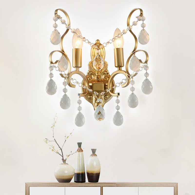 Traditional Metal Candle Wall Lamp With Crystal Swag Accent - 1/2-Light Living Room Mount Fixture