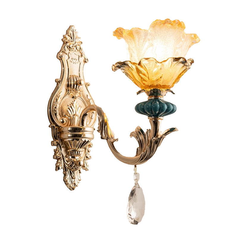 Traditional Gold Floral Shade Wall Mounted Lamp With Amber Crystal Accent - 1 Light Bedside Lighting