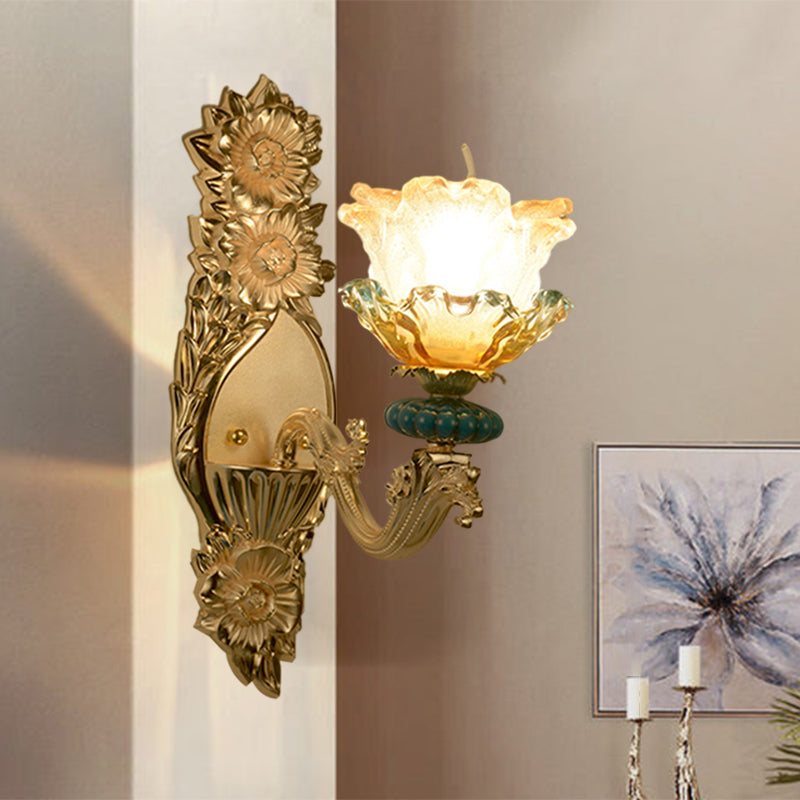 Gold Wall Lamp With Amber And Clear Glass Floral Shade - Single Light Mid-Century Sconce