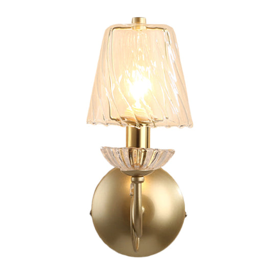 Gold Conical Sconce With Clear Twisted Glass Shade - Minimalist Single Bulb Wall Light