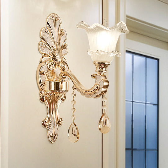 Retro Frosted Glass Sconce With Ruffle Trim & Gold Wall Mount 1/2-Bulb Doorway Light 1 /