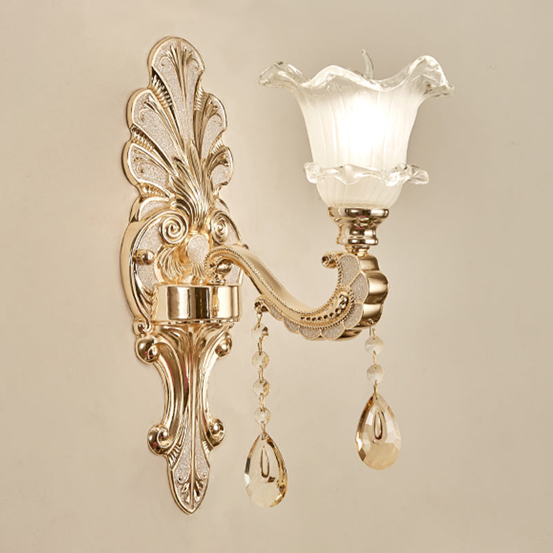 Retro Frosted Glass Sconce With Ruffle Trim & Gold Wall Mount 1/2-Bulb Doorway Light