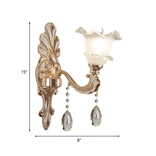 Retro Frosted Glass Sconce With Ruffle Trim & Gold Wall Mount 1/2-Bulb Doorway Light