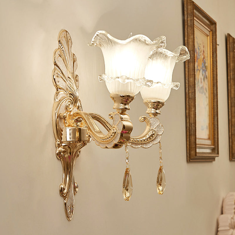Retro Frosted Glass Sconce With Ruffle Trim & Gold Wall Mount 1/2-Bulb Doorway Light 2 /