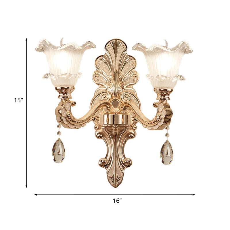 Retro Frosted Glass Sconce With Ruffle Trim & Gold Wall Mount 1/2-Bulb Doorway Light