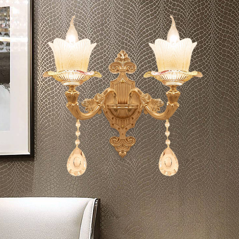 Traditional Scalloped Glass Wall Lamp With Frosted And Gold Sconce For Bedside